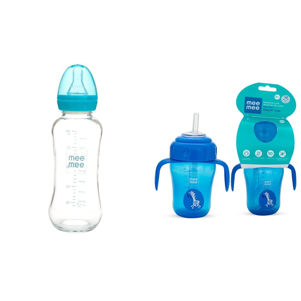 Mee Mee 240ml Premium Glass Feeding Bottle (Blue) & Mee Mee 2 in 1 Spout and Straw Plastic Sipper Cup (Blue, 210 ml) 1 Count-image-39