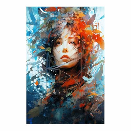 Femme colorée entourée fleurs feuilles affiche imprimée orange poster TERUEA 70x100cm