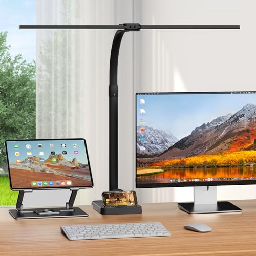 Image of LED Desk Lamp with Base - Bright Dimmable Computer Lamp with Phone Holder, 24W Bendable Desk Light for Monitor Screen, Eye-Caring Tall Desktop Light for Task Home Office Work, Black, Dual Head