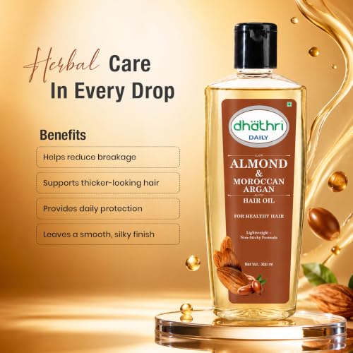 Image of Dhathri Almond & Moroccan Argan Hair Oil with Vitamin E | Helps Reduce Hair Breakage & Strengthen Hair | Non-Greasy, Paraben-Free Formula for Hair Nourishment & Shine | for All Hair Types, 300ml