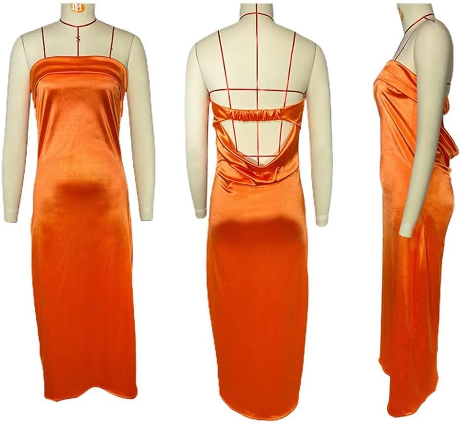 Women’s Strapless Satin Maxi Dress Lightweight Casual Everyday Tube Dress Orange - Image 5