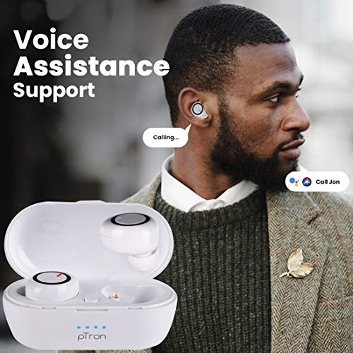 Image of PTron Bassbuds in-Ear True Wireless Bluetooth 5.0 Headphones with Hi-Fi Deep Bass, 20Hrs Playtime with Case, Ergonomic Sweatproof Earbuds, Noise Isolation, Voice Assistance & Built-in Mic - (White)