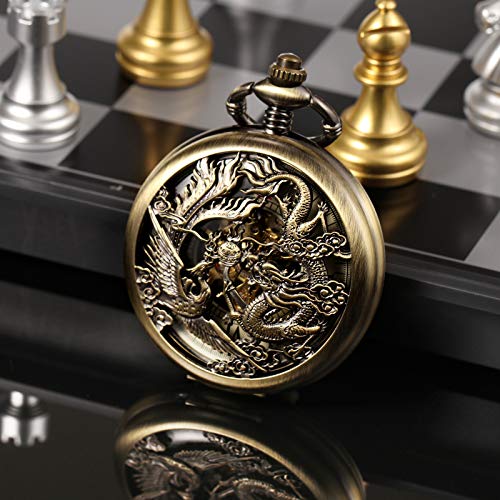 Image of TREEWETO Mens Antique Mechanical Pocket Watch Lucky Dragon & Phoenix Retro Skeleton Dial Double Cover with Chain
