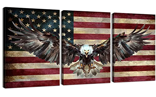 3 Piece American Flag Art Wooden Wall Decor - Patriotic Army Military Eagle Pictures for Living Room Bedroom - Ready to Hang (20''Wx28''Hx3PCS)