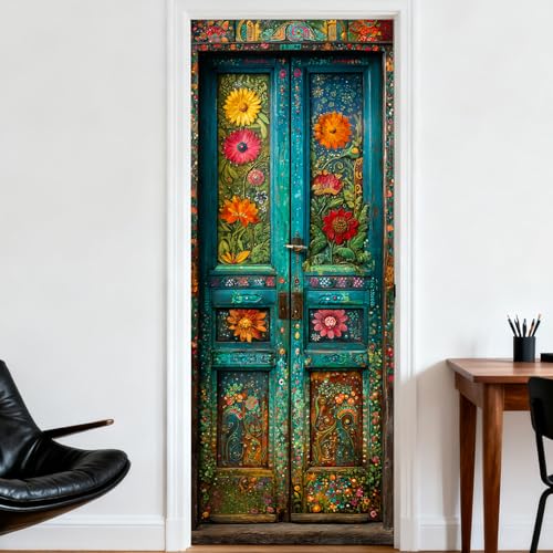 Image of Nuxovilar Floral Art Door Stickers Peel Stick PVC 30.3x78.7 Inches Cover | Door Stickers Wall Decals Peel Stick Cover Vinyl Art Poster Home Bedroom Living Room (Boho Floral)