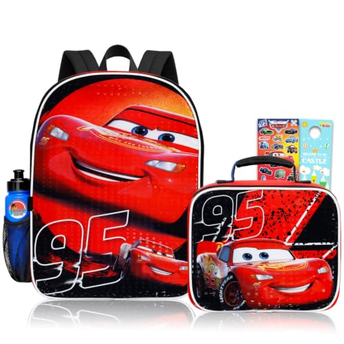 Disney Mochila de carros com conjunto de lancheira – Pacote com mochila Lightning McQueen de 40,6 cm, lancheira, garrafa de água, adesivos, mais | Mochila escolar Disney Cars para meninos, crianças