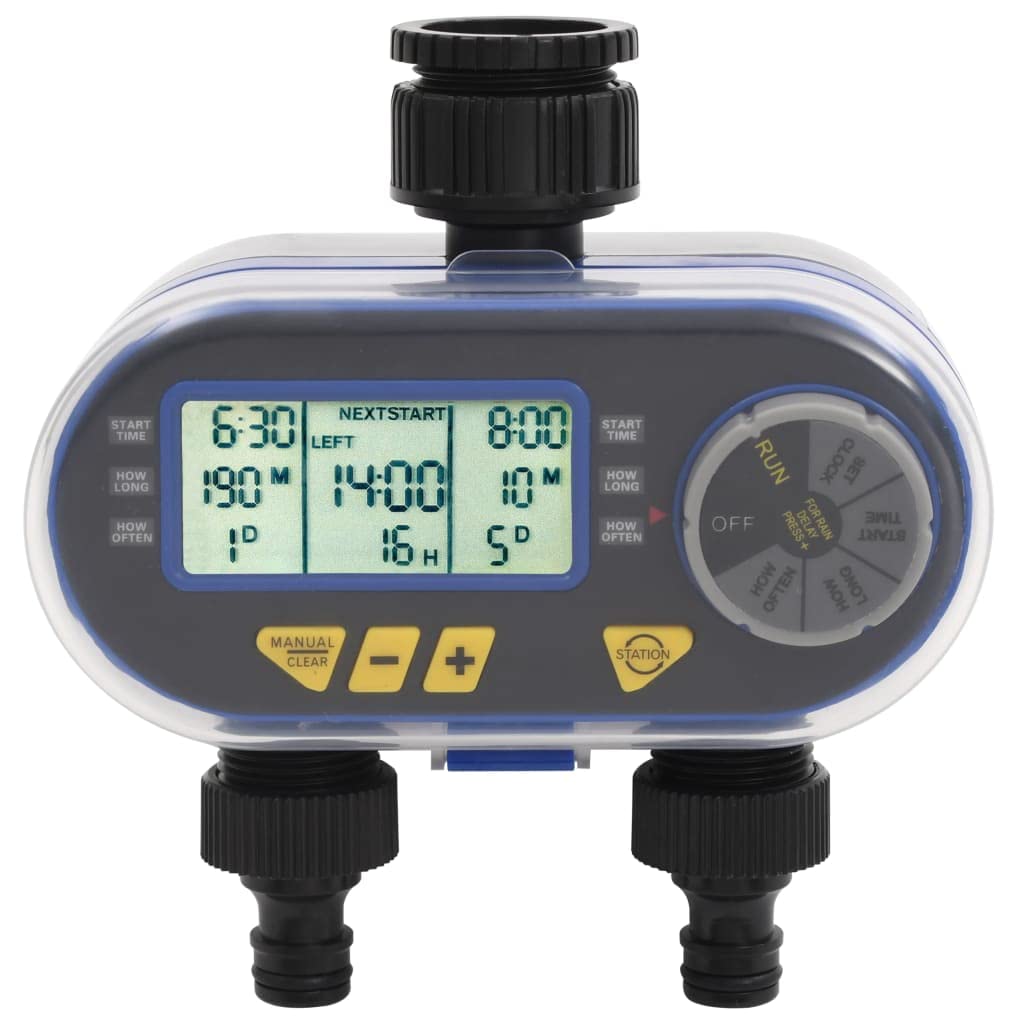 Temporizador de riego digital automático con doble salida, material ABS, 15 x 9 x 14 cm, 2 electroválvulas de impulso, control programable para riego de césped, riego de jardín