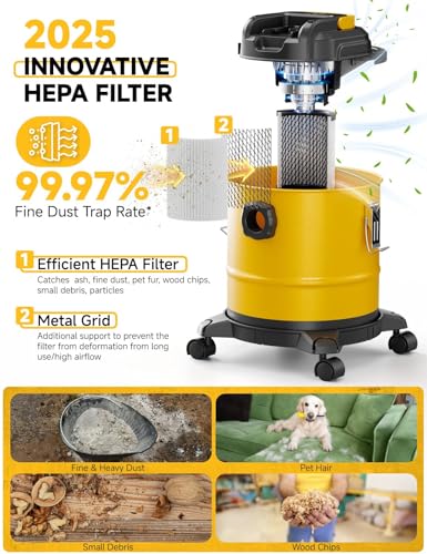 Image of APEXPOWER Cordless Ash Vacuum for Pellet & Wood Stoves, with 2.5-Gallon Metal Storage Tank, Filter, Hose & Wheels, 20V Battery, Bare Tool Only
