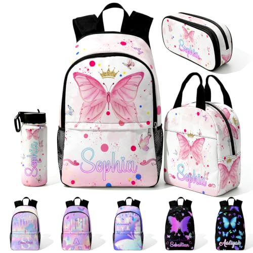 Image of Custom Backpack for Girls Kids Personalized Backpacks Back to School Set | Kid Customized Toddler Girl Backpack with Lunch Bag Book Bag Kindergarten Prek Preschool Gifts White Butterfly