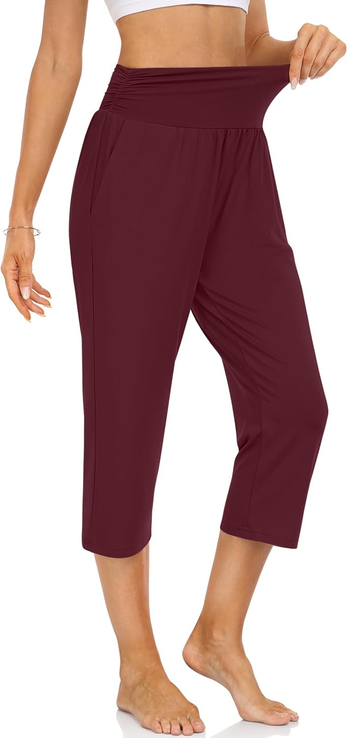 UEU Women's Capri Pants Summer Loose Yoga Pants Comfy Workout Cropprd Pants with Pockets - Image 3