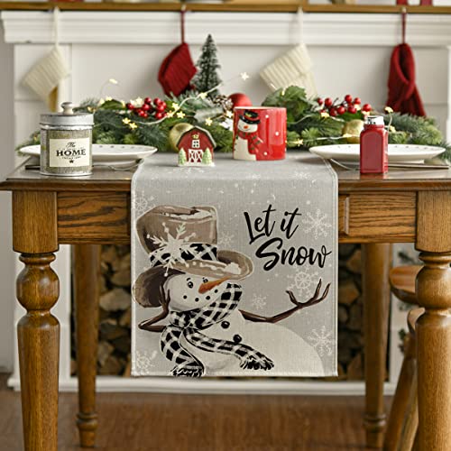 Image of Artoid Mode Grey Snowman Snowflake Let it Snow Christmas Table Runner, Seasonal Winter Kitchen Dining Table Decor for Home Party Indoor 13x48 Inch