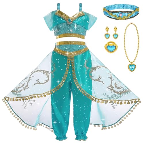DiULi Disfraz de Princesa Jazmín para Niña, Set Vestido de Jasmine, Disfraces de Princesa con Accesorios del Cabello, Collar, Anillo y Pendientes, Cosplay, Danza de Vientre Disfraces