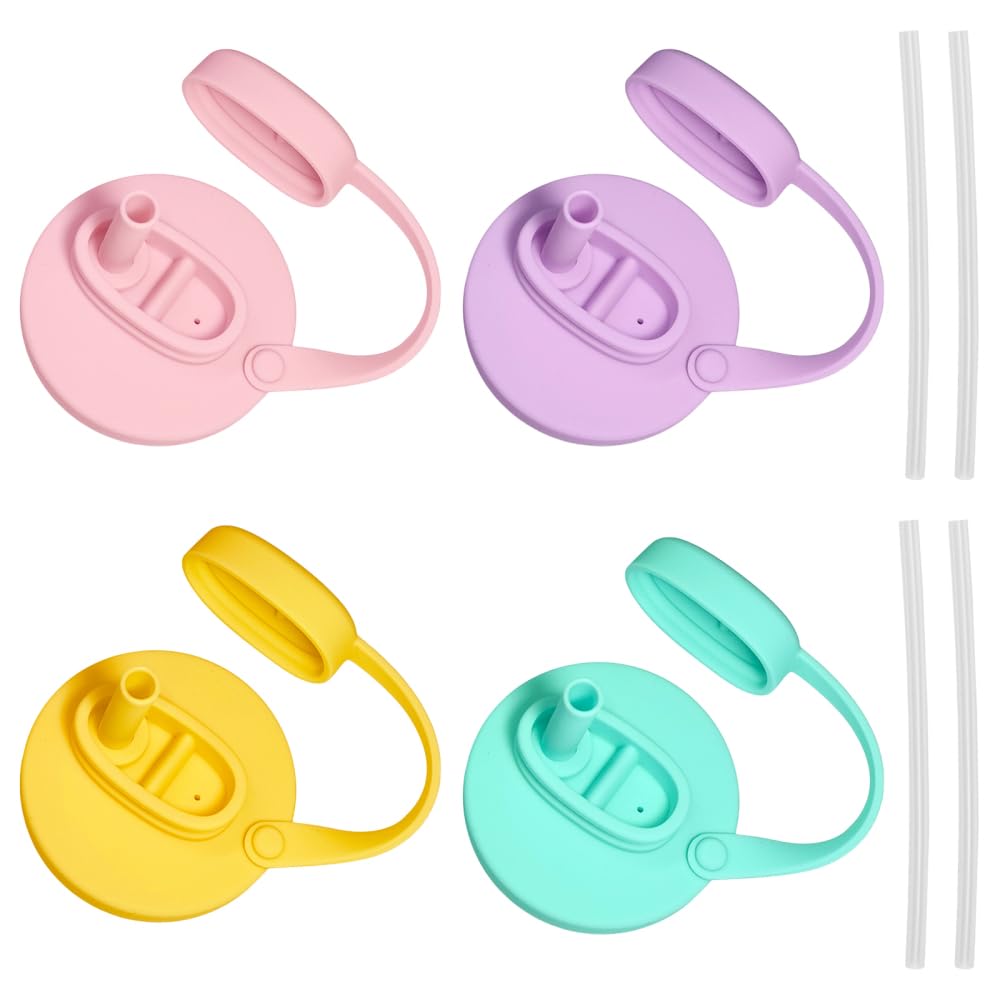 Bdkmms Pink, Yellow, Purple, Cyan Soda Can Lids, 4Pcs Silicone Soda Can Covers With Straw, Leakproof & Reusable Drink Lid For Canned Beverage, Beer, Juice, Seltzer
