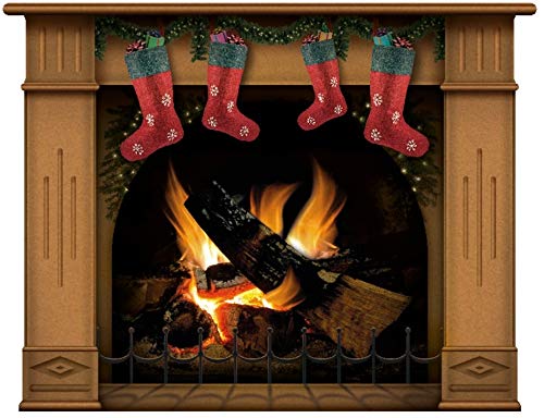 lepni.me Wall stickers Fireplace With Burning Log Fire Holiday Wall Decal Decoration Firewoods Flames Photorealistic Art Poster (Large 4 Christmas Stockings Brown) โ image 1