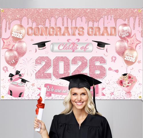 JKQ Class of 2026 Congrats Grad Backdrop Banner 71 x 45 Inch Large Size Graduation Background Banner Graduation Party Decorations 2026 Grad Photo Booth Props Pink Rose Gold by JKQ - Used condition - Image 6