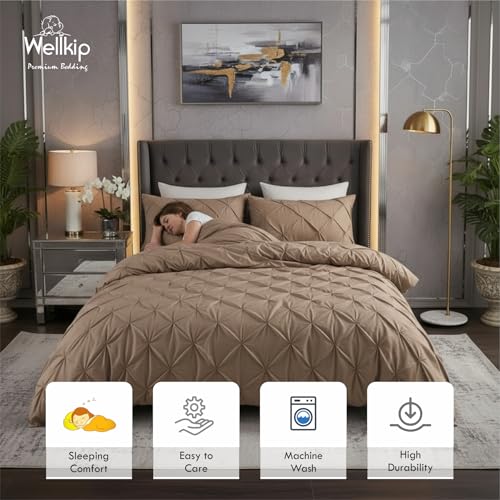 Image of Pinch Pleated Duvet Cover Set 1000TC 100% Cotton Premium 3-Pieces 1-Duvet Cover & 2-Pillow Cover Luxury Look Home and Hotel Zipper & 8-Tie Closure (Taupe, Super King 100 X 108 Inch)