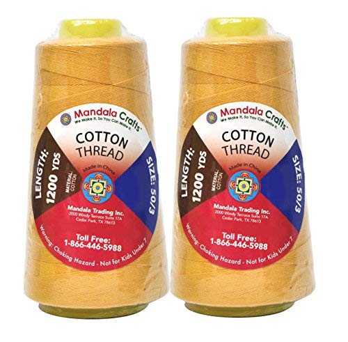 Image of Mandala Crafts Gold Mercerized Cotton Thread Cones for Sewing Quilting | 2400 Yds 50 WT, 100% Long Staple Cotton, Multipurpose, for Embroidery, Piecing, Sergers, Applique, Machine and Hand Sewing
