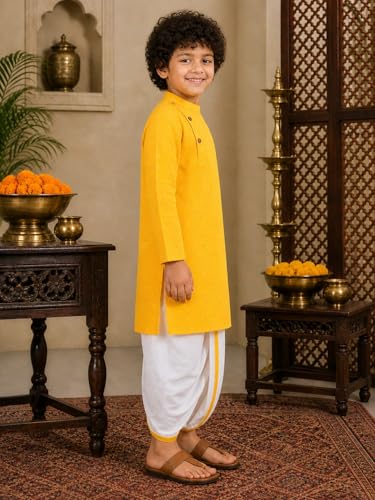 Image of superminis Boy's Cotton Kurta with Dhoti - Golden Thread Work, Solid Round Collar, Full Sleeves, Side Button Kurta Set for Ethnic Wear