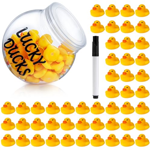 50Pcs Lucky Ducks for Classroom Jar Classroom Management Tools Supplies Mini Rubber Ducks Bulk with a Pen and a Plastic Jar