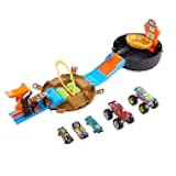 Toy Monster Trucks Playset, Tire-Shaped Case Transforms into Race Course, 3 Trucks & 4 Cars in 1:64 Scale, Stunt Tire (Amazon Exclusive)