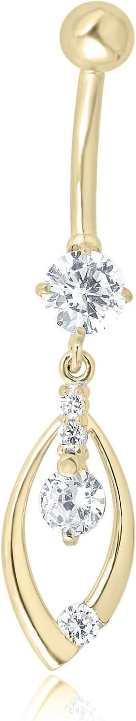 AVORA 10K Gold Simulated Diamond CZ Dangling Fancy Teardrop Belly Button Ring Body Jewelry (14 Gauge)