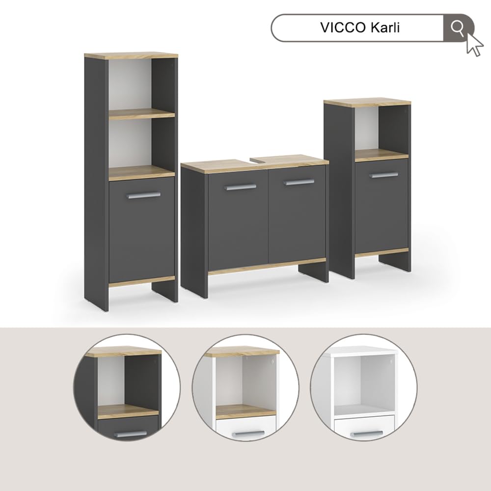 Vicco Conjunto de Muebles de baño Karli, Antracita/Roble Dorado, 63.8 cm, Compuesto por Mueble bajo para Lavabo y Columna de baño