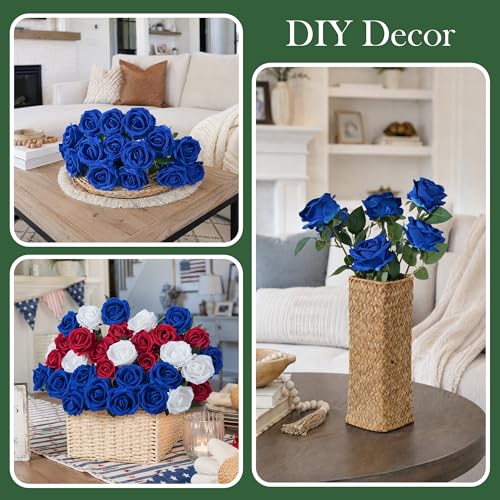 Image of 50 PCS Blue Roses Artificial Flowers, Real Looking Fake Roses with Long Stems Silk Flowers for DIY Wedding Bouquet Party Celebration Home Bridal Shower Decoration Valentine's Day Gift for Her Wife