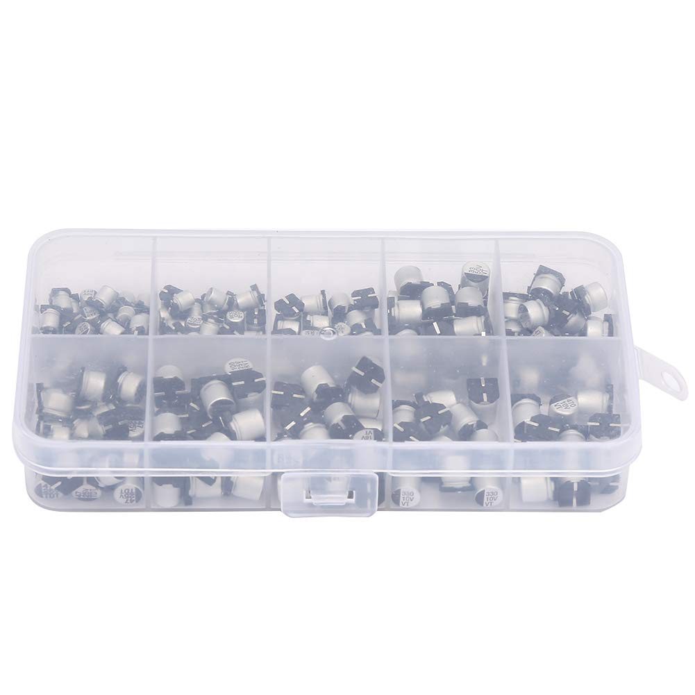 Kit de 200 condensadores electrolíticos SMD, 10 valores de 1 uF a 470 uF, de 10 V a 50 V, diversos condensadores electrolíticos de aluminio con caja de almacenamiento para