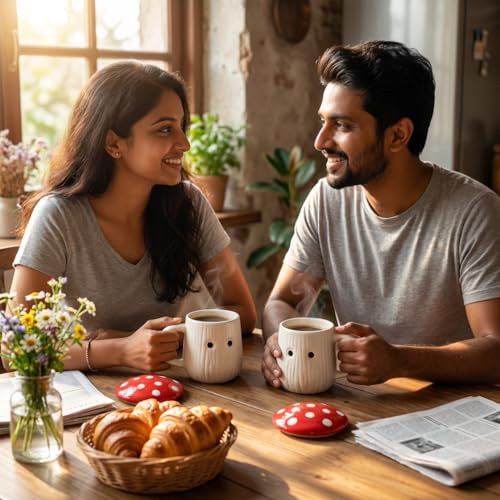 Image of Red Mushroom Ceramic Mugs with Lid Set of 2 | 300ml Coffee Tea Cups Polka Dot | Microwave Dishwasher Safe | Valentine Couple Gift | Home Decor Kitchen Dining Handmade India