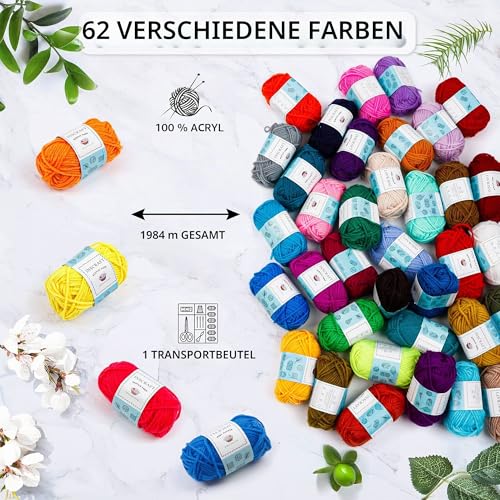 Inscraft Häkelwolle Set mit 62 Farben & Zubehör – Acryl-Strickgarn für Anfänger – Bild 4