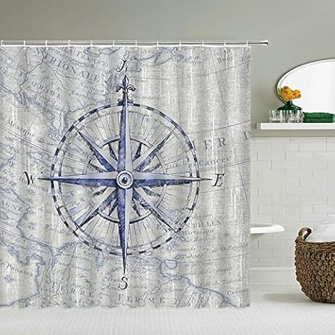 CUUGF Duschvorhang Textil, Retro Karte Kompass Kunst 180X180Cm Dicker Und Wasserdichter Duschvorhang Für Badezimmer, Badewanne, Vorhang Waschbar Cover