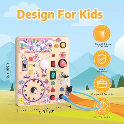 Unicorn Toddler Toys Montessori Busy Board for 1 2 3 Year old Boys Girls Wooden Toys with With 10 Switches and 23 LED Lights Switch toy Sensory Learning Toys 1 2 Year old Baby Girls Boys Gifts - Image 3