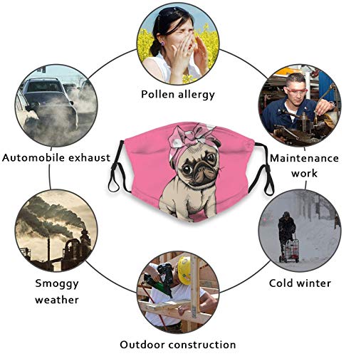 Cute Pug Dog Wearing A Bow Turban Face Mask With Filter Pocket Washable Face Bandanas Balaclava Reusable Fabric Mask For Men Women - Thumbnail 4