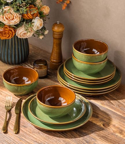 Image of LERATIO Ceramic Dinnerware Sets for 4, 12 Pieces Ceramic Plates and Bowls Sets, Scratch Resistant Dish Set, Oven, Microwave & Dishwasher Safe-Sage Meadow Green