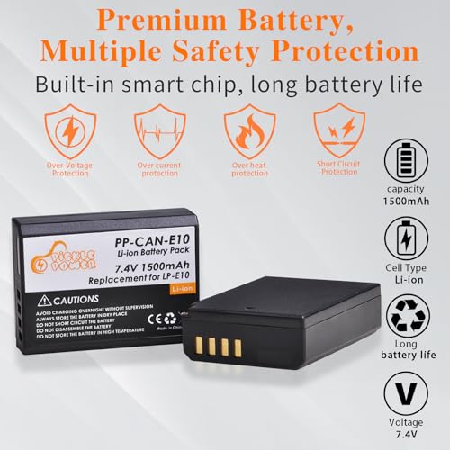 Pickle Power LP-E10 Battery and LED USB Dual Charger for Canon EOS Rebel T7 T6 T5 T3 T100, EOS 2000D, 3000D, 4000D, 1200D 1100D 1300D 1500D, KISS X50 X70 X80 X90 Camera