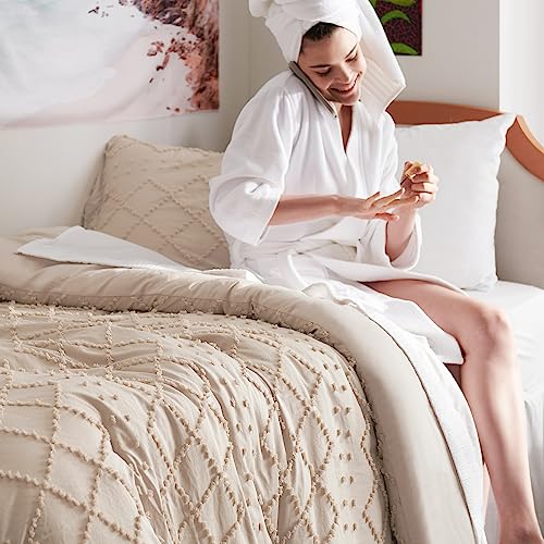 Image of Bedsure Twin Comforter Set - Warm Tan Comforter, Boho Tufted Distressed Vintage Bedding for Kids, 2 Pieces Farmhouse-Style Bed Set for All Seasons, Fluffy Soft Bedding with 1 Pillow Sham