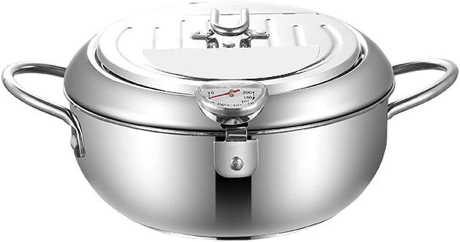 Deep Fryer, Temperature Control Tempura Chip Pan w/Inclined Surface Clamshell Lid & Removable Oil Filter Rack, Stainless Steel Japanese Fryer Cooking Pot for Chicken Legs, Dried Fish, Tempura