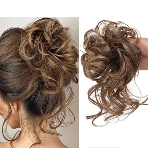 Große Dutt Haarteil Haargummi Mit Haaren Hochsteckfrisuren Gelockt Messy Bun Haarteil mit Gummiband für Frauen Mädchen (12/24 braun Mix Hellbraun)