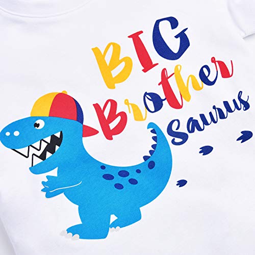 Dinosaur Big Brother Announcement T Shirt Sibling Outfits For Toddler Boys 100% Cotton Promoted To Big Brother Shirt White Print Colorful Short Sleeve Top Tee Gift(White, 5T) #TOP1