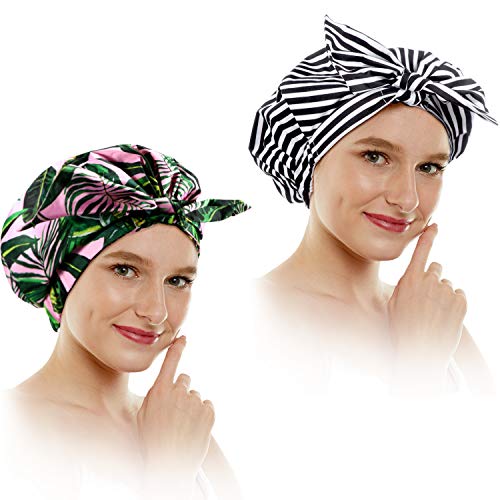 2 Pieces Shower Caps Waterproof Bowknot Bathing Caps Reusable Bath Caps for Women (Leaf Pattern, Stripe Pattern)