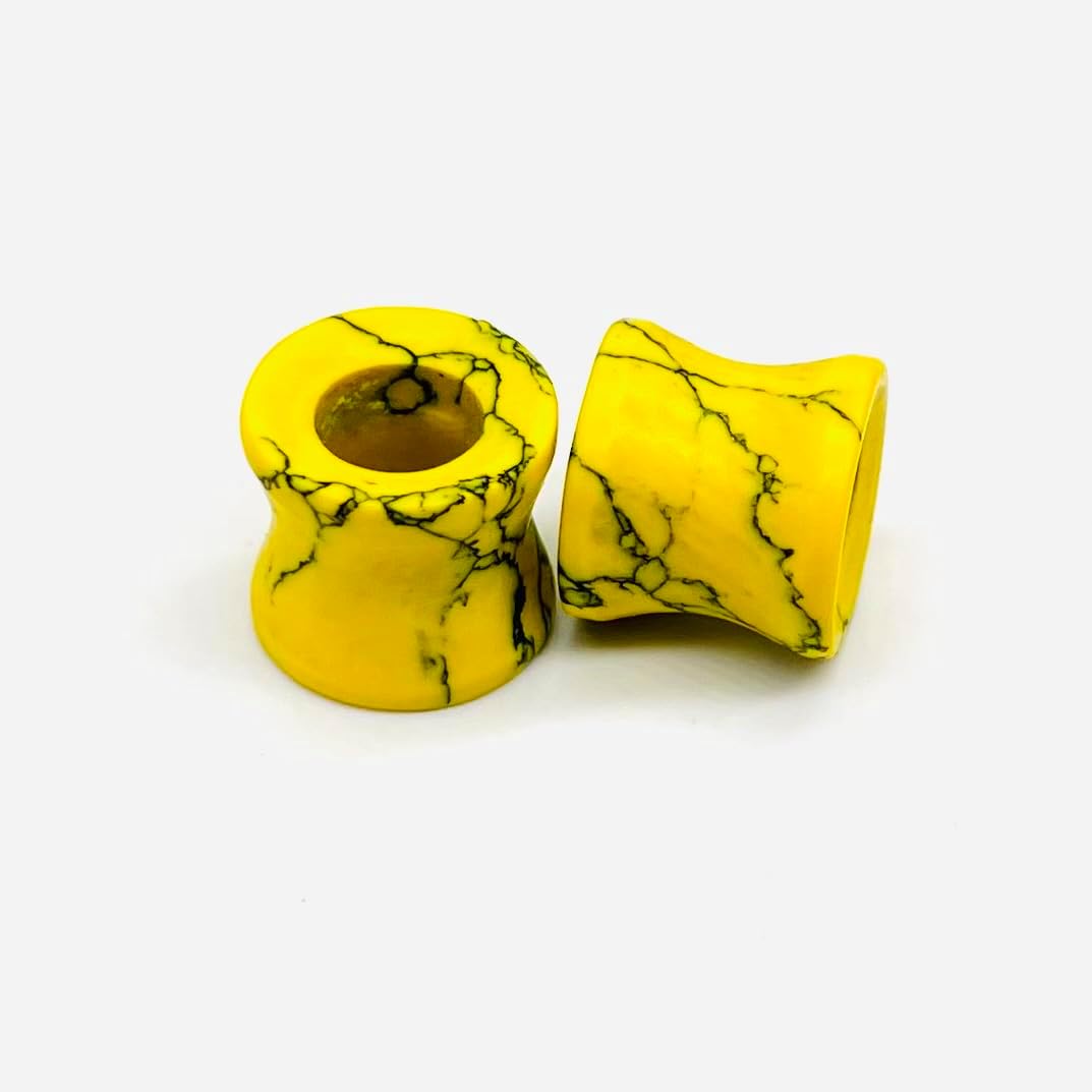 Yellow Turquoise Stone Double Flared Ear Tunnels Plugs – Stone Gauges – Handmade Body Piercing Jewelry for Stretched Lobes – Unisex Tribal Saddle Fit