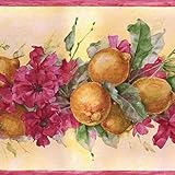 Frise de papier peint motif floral fruits Citrons, fleurs et feuilles sur fond jaune canari pour cuisine, salle à manger, couleurs jaune, rouge, vert, taille 17,8 cm par 4,6 m, MK77671A