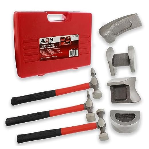 ABN Auto Body Shaping and Forming Repair 7-Piece Kit – Fender Roller Fixer Dent Remover Tool Set with Hammer and Dolly