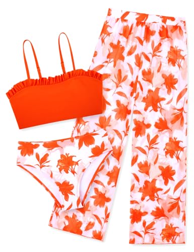 Image of Orange Bathing Suit for Girls Size 14 16 Ruffle Tankini Swimsuits Teens Fun 3D Print 3 Pieces Bikini Swim Suit 15 16 Year Girl Cool Matching Swimming Swimwear Young Girl Tropical Hawaii Party Tankinis
