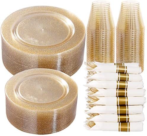 DaYammi 350 Pieces Gold Glitter Dinnerware Set 50 Guest for party- 50 Dinner Plates, 50 Dessert Plates -50 Per Rolled Napkins with Gold Cutlery - 50 Disposable Cups 9 OZ