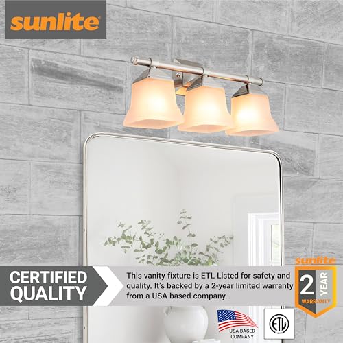 Image of Sunlite 46063 20 inch Modern Square Bell Vanity Wall Mount Light Fixture, Medium Base (E26) Socket, Standard A19 Bulb Required (100W Max), Frosted Glass Shade, ETL Listed, 3 Light Brushed Nickel Finish