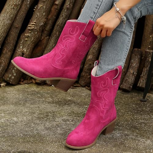 Cowboy Boots For Women Knee High 2025 Women's Embroidered Stitched Rodeo Boot Pointed Toe Chunky Block Heel Classic Pull On Cowgirl Western Booties4