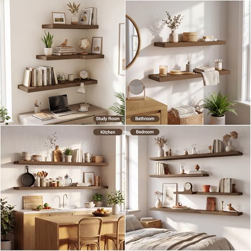 Image of Acovy 10 inch Extra Deep Floating Shelves for Wall, 16 inch Long Wood Wall Shelves Set of 2 for Bathroom Bedroom Kitchen Living Room Laundry Room, Modern Floating Shelf for Home Decor