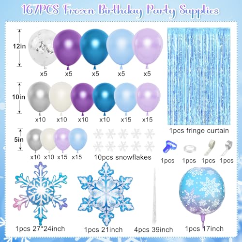 Image of Ouddy Life 167Pcs Frozenn Balloons Arch Kit, Winter Wonderland Party Decor | Fringe Curtain Pearlescent Metallic Blue Purple Silver White Snowflake Balloon for Princess Girl Decorations Supplies