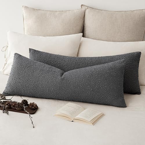 Image of Foindtower Decorative Textured Boucle Throw Pillow Covers Accent Solid Pillow Cases Neutral Long Body Lumbar Couch Cushion Case for Chair Sofa Bedroom Living Room Home Decor 14x36 Inch,1PC,Dark Grey